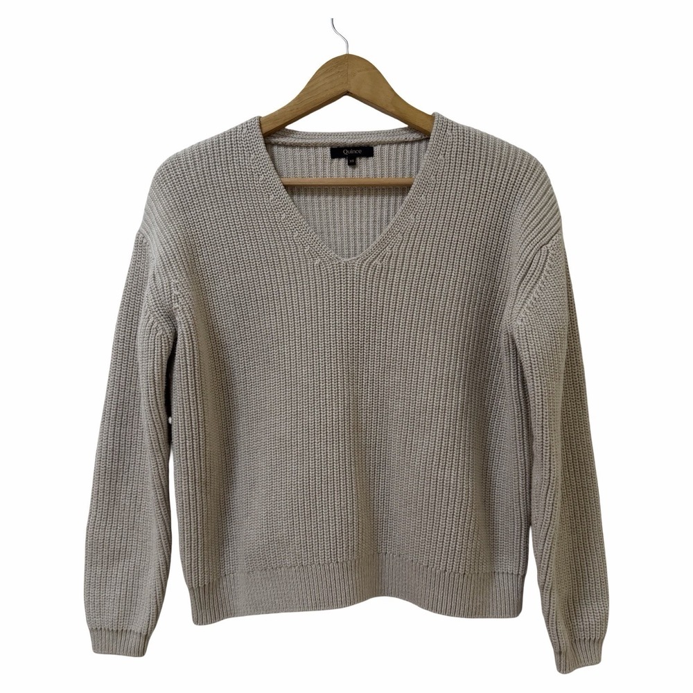 Quince Womens Organic Cotton Fisherman V Neck Sweater Size XS Beige Clean Girl